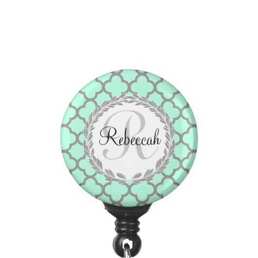 Mint Green Gray Quatrefoil Name Monogrammed Laurel Badge Holder (Clip Front)