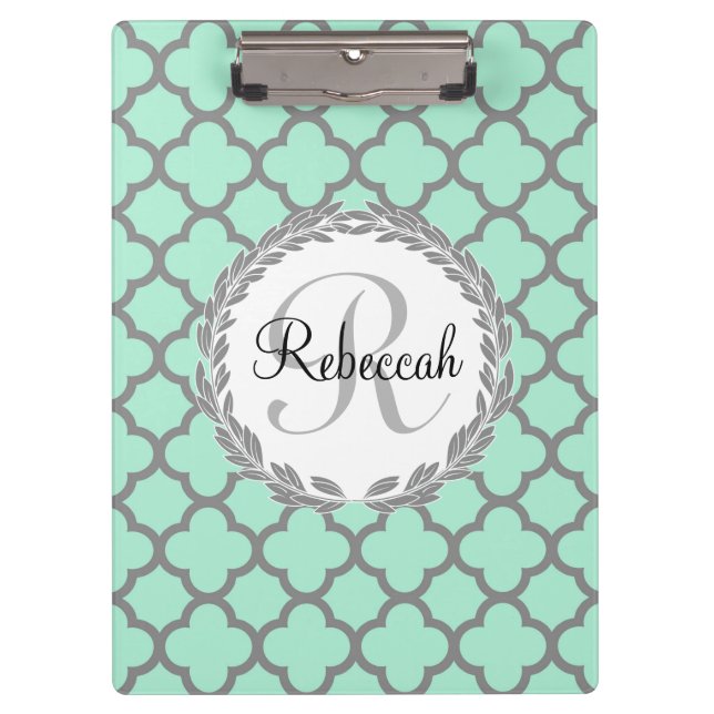 Mint Green Gray Quatrefoil Name Monogrammed Laurel Clipboard (Front)