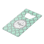 Mint Green Gray Quatrefoil Name Monogrammed Laurel Credit Card Bottle Opener (Front Angled)