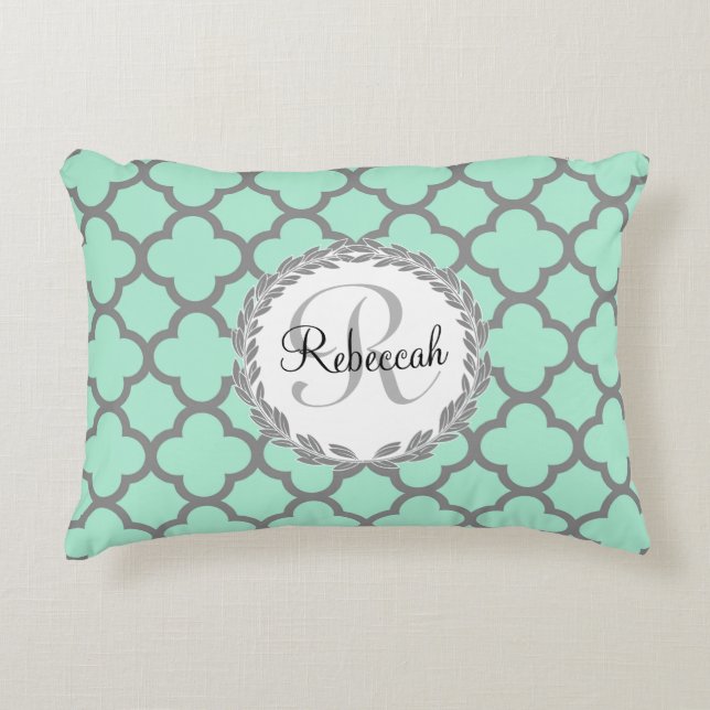 Mint Green Gray Quatrefoil Name Monogrammed Laurel Decorative Pillow (Front)