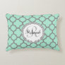 Mint Green Gray Quatrefoil Name Monogrammed Laurel Decorative Pillow