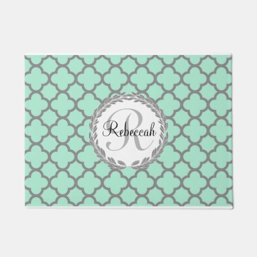 Mint Green Gray Quatrefoil Name Monogrammed Laurel Doormat