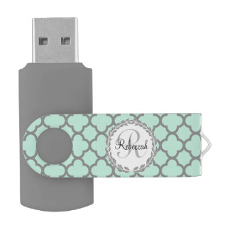 Mint Green Gray Quatrefoil Name Monogrammed Laurel Flash Drive