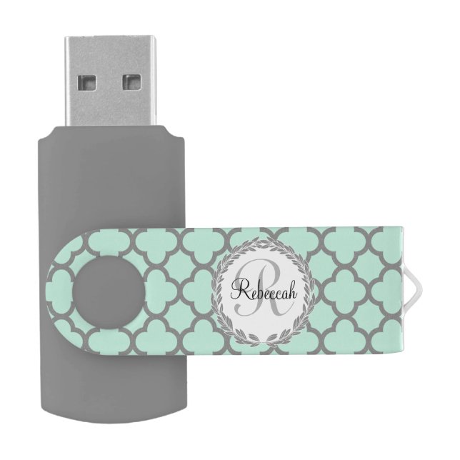Mint Green Gray Quatrefoil Name Monogrammed Laurel Flash Drive (Opened)
