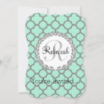 Mint Green Gray Quatrefoil Name Monogrammed Laurel Invitation