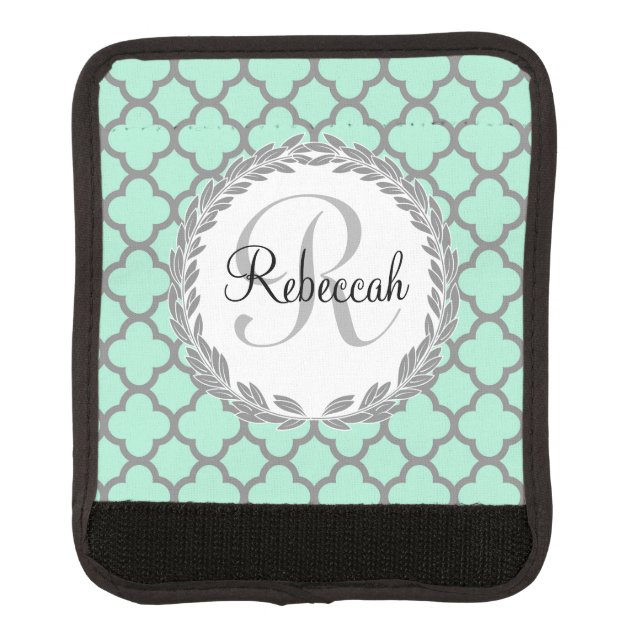Mint Green Gray Quatrefoil Name Monogrammed Laurel Luggage Handle Wrap (Front)
