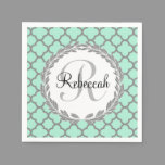 Mint Green Gray Quatrefoil Name Monogrammed Laurel Napkins