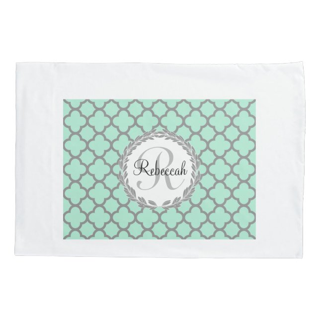 Mint Green Gray Quatrefoil Name Monogrammed Laurel Pillowcase (Back)