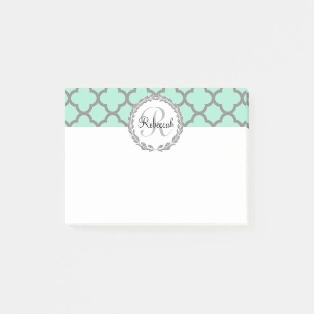 Mint Green Gray Quatrefoil Name Monogrammed Laurel Post-it Notes (Front)