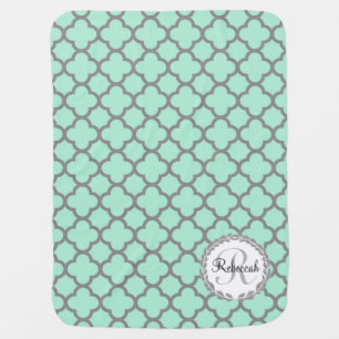 Mint Green Gray Quatrefoil Name Monogrammed Laurel Receiving Blanket