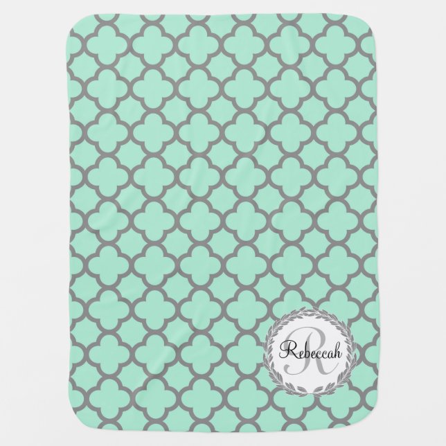 Mint Green Gray Quatrefoil Name Monogrammed Laurel Receiving Blanket (Front)
