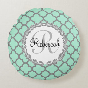Mint Green Gray Quatrefoil Name Monogrammed Laurel Round Pillow