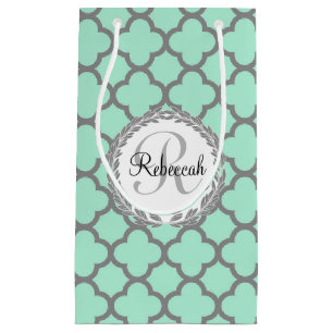 Mint Green Gray Quatrefoil Name Monogrammed Laurel Small Gift Bag