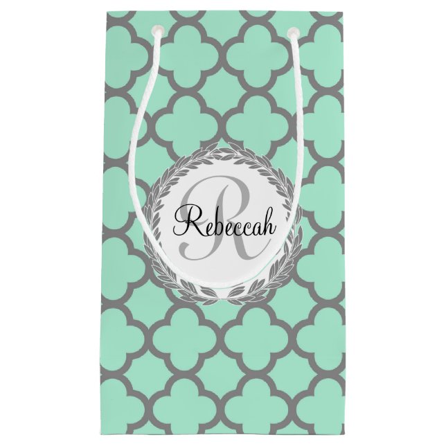 Mint Green Gray Quatrefoil Name Monogrammed Laurel Small Gift Bag (Front)