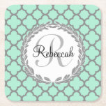 Mint Green Gray Quatrefoil Name Monogrammed Laurel Square Paper Coaster