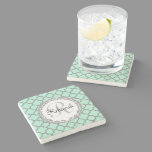 Mint Green Gray Quatrefoil Name Monogrammed Laurel Stone Coaster