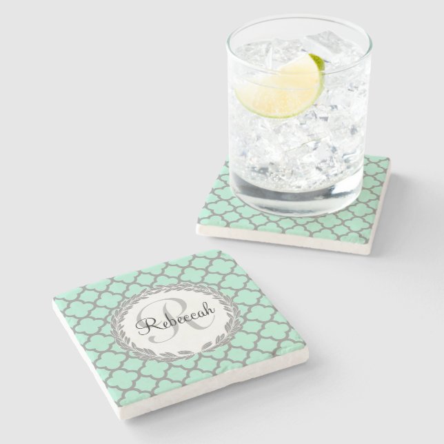 Mint Green Gray Quatrefoil Name Monogrammed Laurel Stone Coaster (Side)