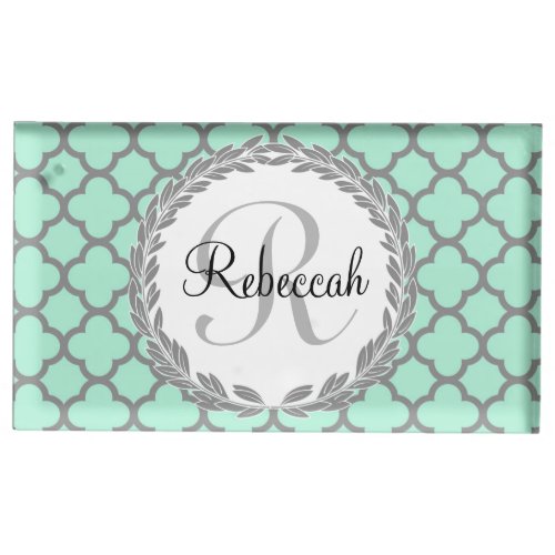 Mint Green Gray Quatrefoil Name Monogrammed Laurel Table Card Holder