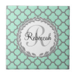 Mint Green Gray Quatrefoil Name Monogrammed Laurel Tile