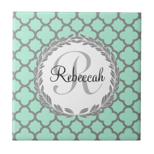 Mint Green Gray Quatrefoil Name Monogrammed Laurel Tile
