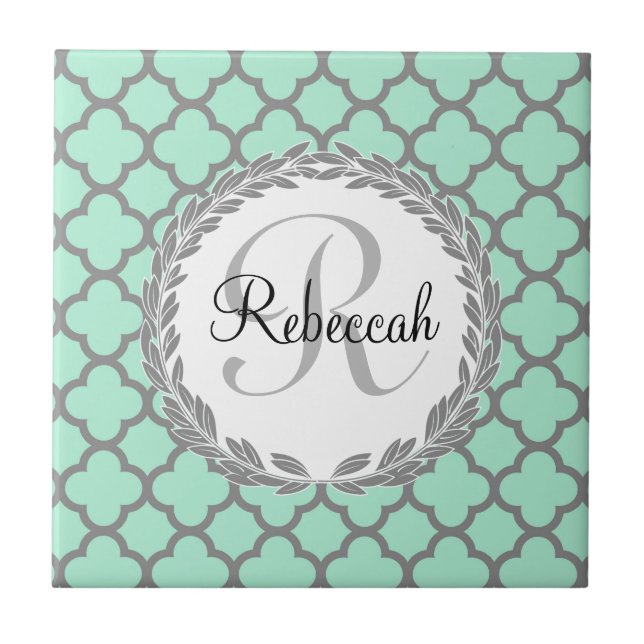 Mint Green Gray Quatrefoil Name Monogrammed Laurel Tile (Front)