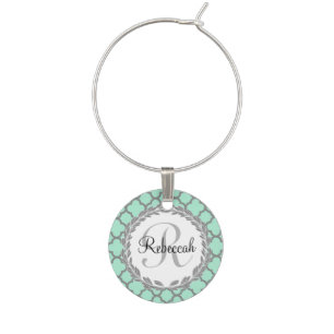 Mint Green Gray Quatrefoil Name Monogrammed Laurel Wine Glass Charm