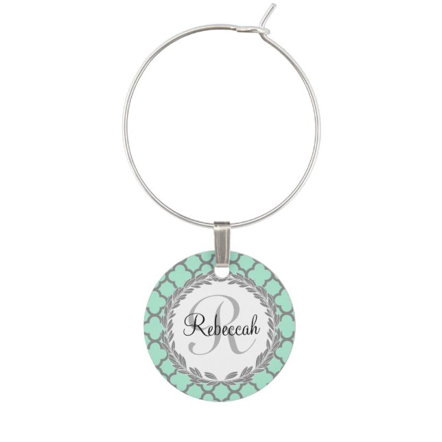 Mint Green Gray Quatrefoil Name Monogrammed Laurel Wine Glass Charm (Front)