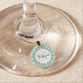 Mint Green Gray Quatrefoil Name Monogrammed Laurel Wine Glass Charm (In Situ)