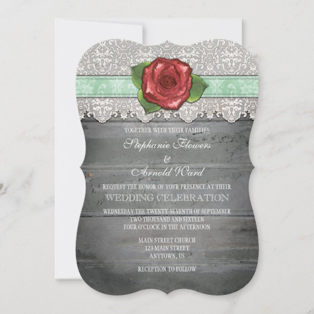 Mint Green Gray Rustic Wood Rose Wedding Invite (Front)