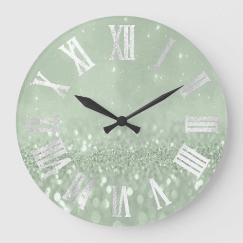 Mint Green Gray Silver Glitter Metal Roman Numers Large Clock