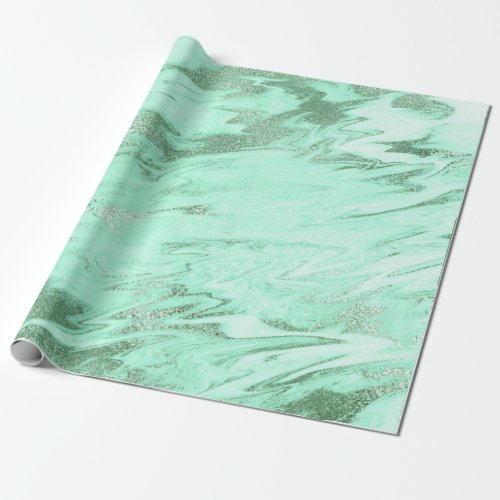 Mint Green Gray Silver White Marble Shiny Glam Wrapping Paper