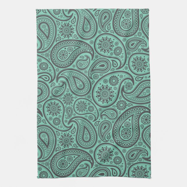 Mint-Green & Gray Vintage Paisley Damasks Towel (Vertical)