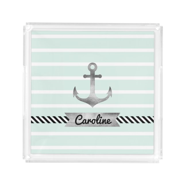 Mint Green Gray Watercolor Anchor Personalized Acrylic Tray (Front)