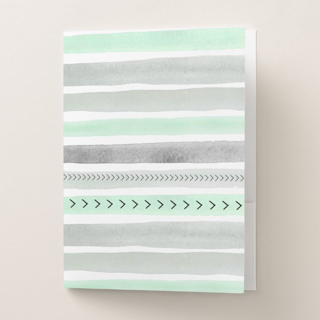 Mint Green Gray Watercolor Stripes Arrows Pattern Pocket Folder (Front)