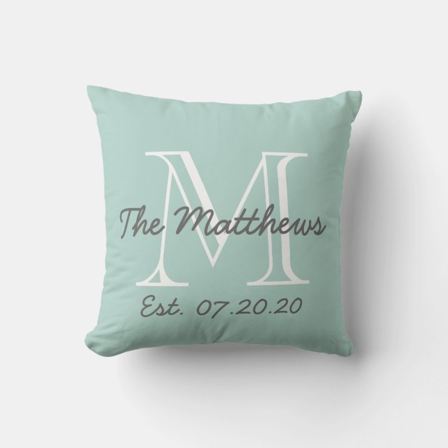 Mint Green Gray White Family Monogram Throw Pillow (Front)