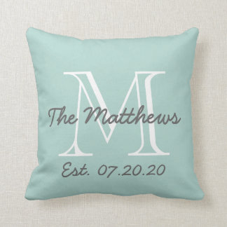 Mint Green Gray White Family Monogram Throw Pillow