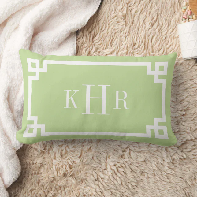 Mint Green Greek Key Border Custom Monogram Lumbar Pillow | Zazzle