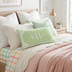 Mint Green Greek Key Border Custom Monogram Lumbar Pillow