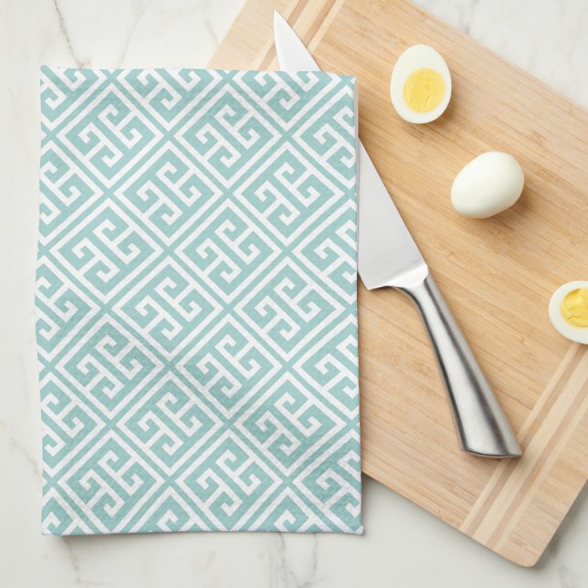 Mint Green Greek Key Pattern Kitchen Towel (Quarter Fold)