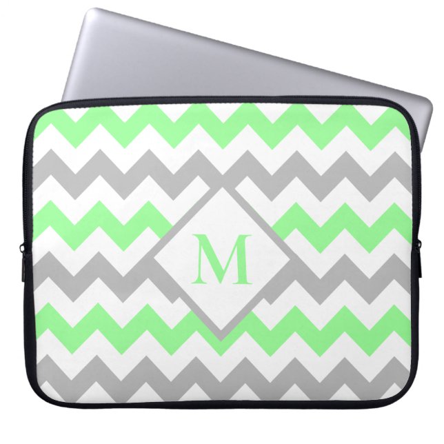 Mint Green Grey Chevron Pattern Monogram Laptop Sleeve (Front)