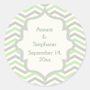 Mint green, grey chevron wedding Save the Date Classic Round Sticker