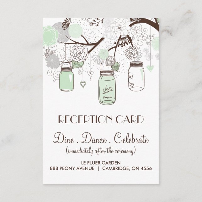 Mint Green & Grey Floral Mason Jars Reception Card (Front)
