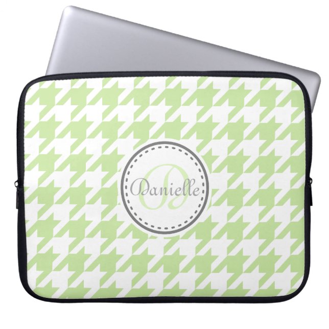 Mint Green Grey Houndstooth Monogram Pattern Laptop Sleeve (Front)