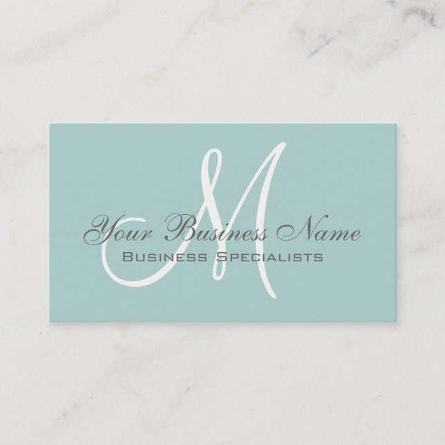 Mint Green Grey Simple Plain Monogram Business Card (Front)