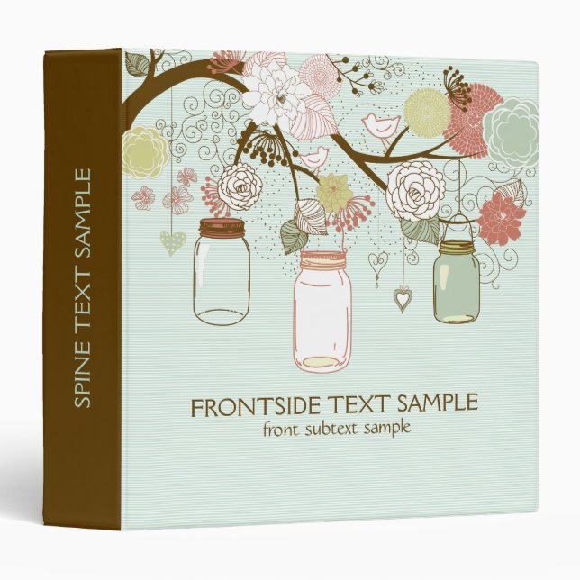 Mint Green Hanging Mason Jar & Retro Flowers 3 Ring Binder (Front/Spine)