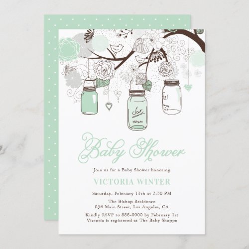Mint Green Hanging Mason Jars Floral Baby Shower Invitation