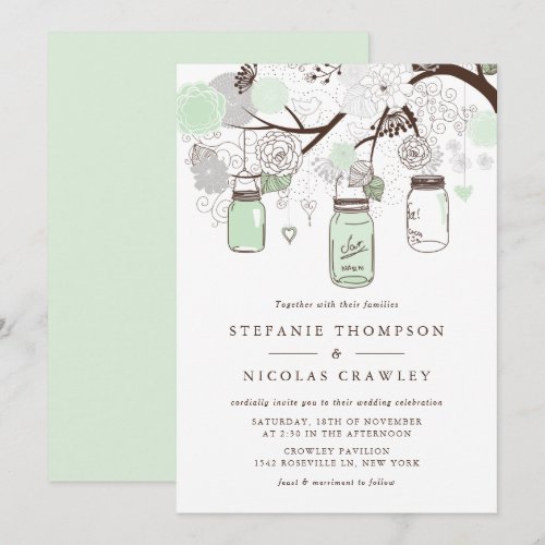 Mint Green Floral Mason Jars Wedding Invitation