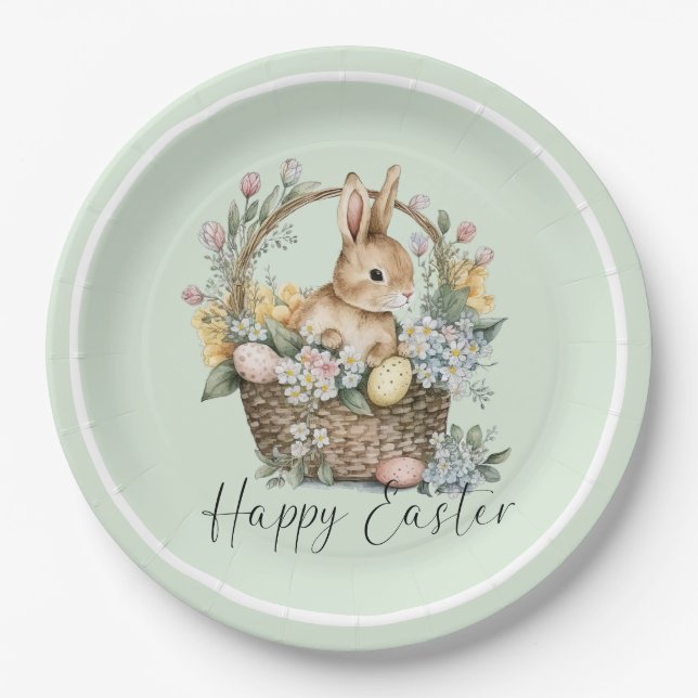 Mint Green Happy Easter Bunny Paper Plates (Front)