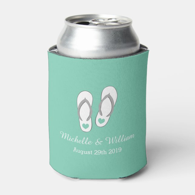 Mint green heart beach slippers wedding can cooler (Can Front)