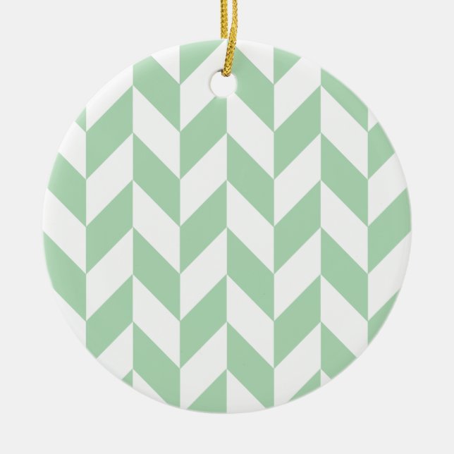 Mint Green Herringbone Ceramic Ornament (Front)